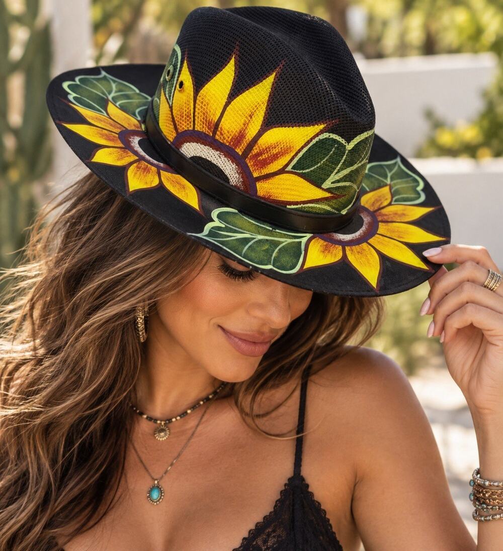 Royal Road Trading Co Hand Painted Sunflower Cowboy Hat Mexico Sombrero Size M